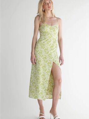 OAK + FORT Light Green Floral Midi Slip Dress with Side Slit